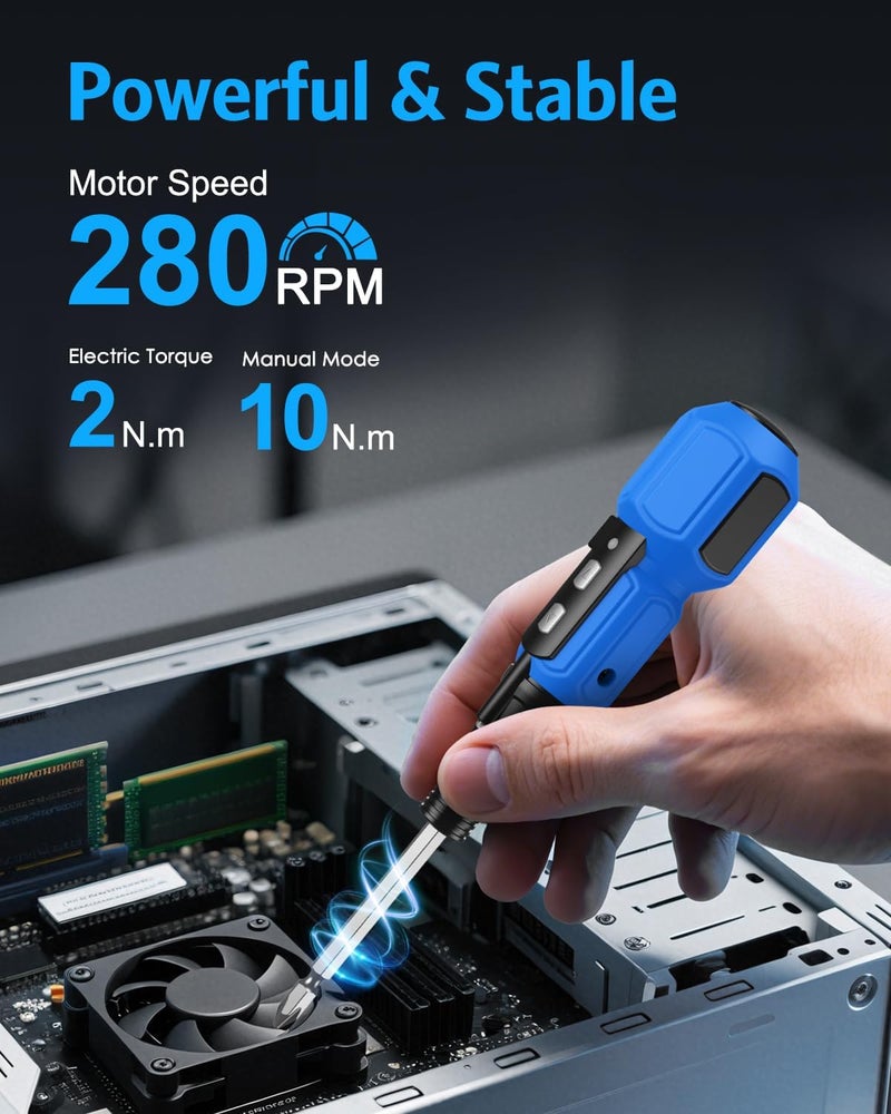 AMIR Power Screwdriver Cordless Rechargeable, Electric Screwdriver Sets, Portable Automatic Home Repair Tool Kit, Motorized Screwdriver with LED Lights and USB Cable, Blue - Image 2